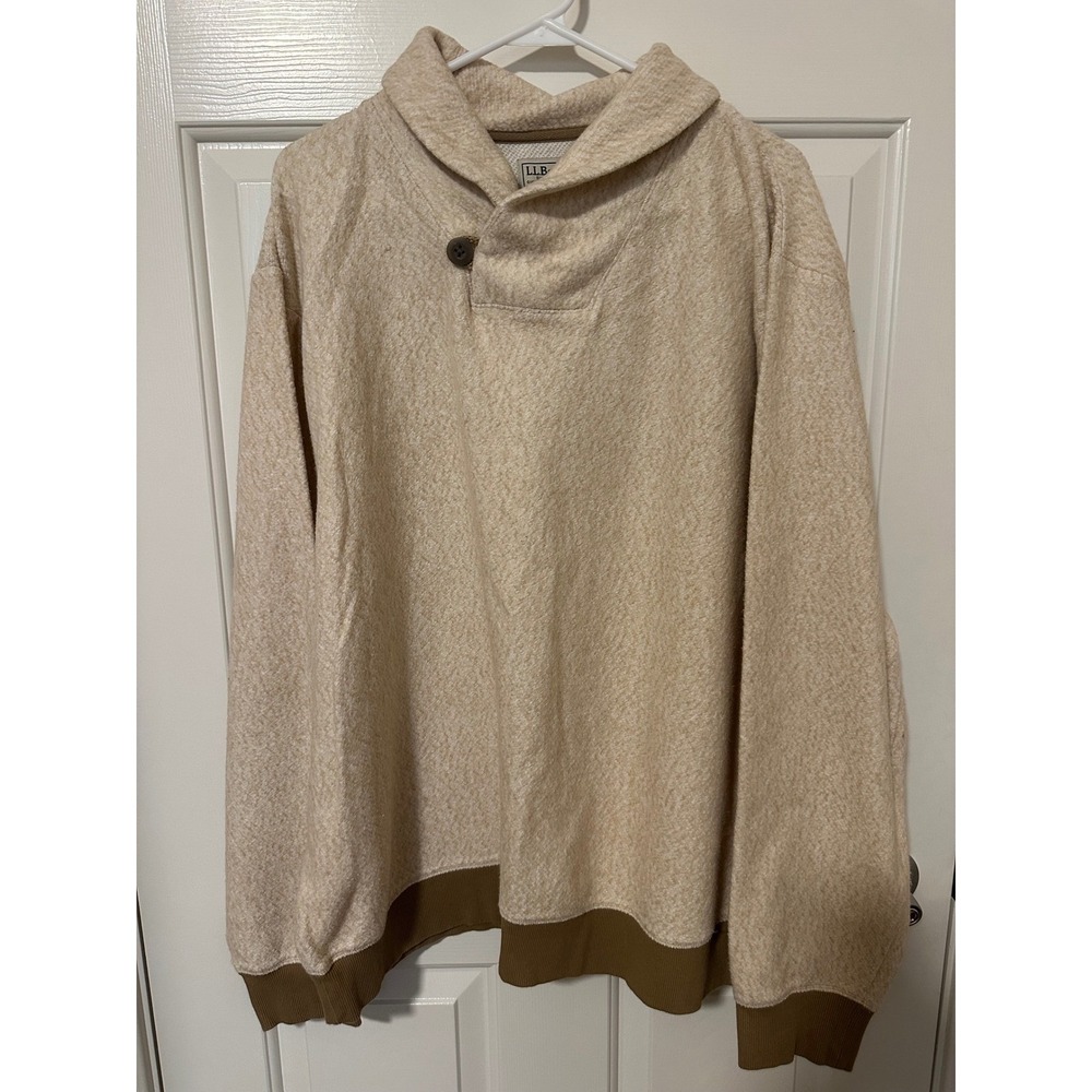LL Bean Sweatshirt Mens XXL Beige Shawl Collar Pullover Fleece Cotton Blend - Picture 2 of 6